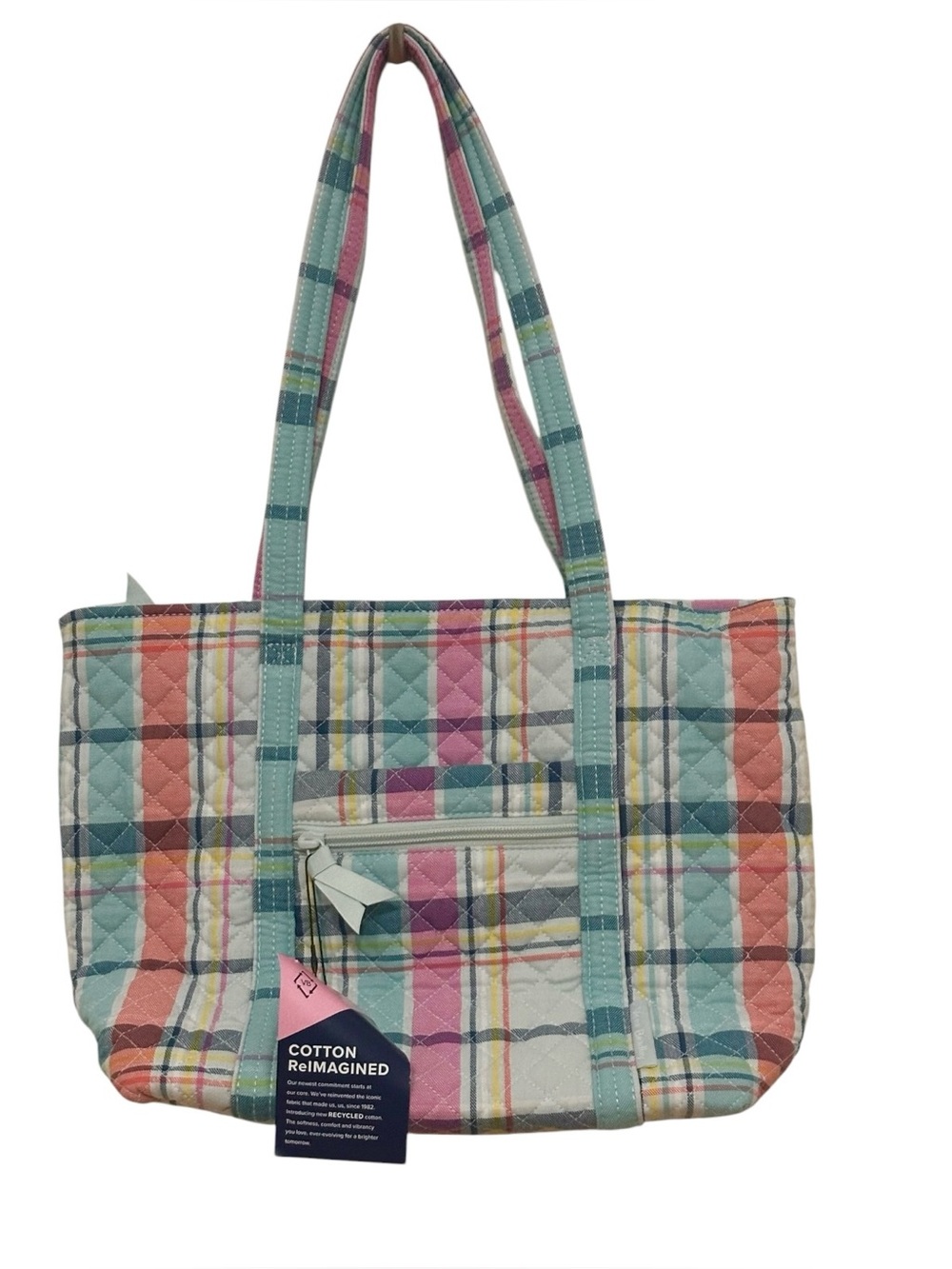 NWT Vera Bradley Small Vera Tote Bag in Pastel Plaid Cotton ReImagined 15 x 10